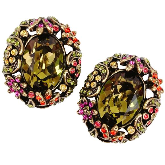 VTG Signed Heidi Daus Olive Green Rhinestone Gold Tone Clip On Earrings Ornate - Picture 1 of 16